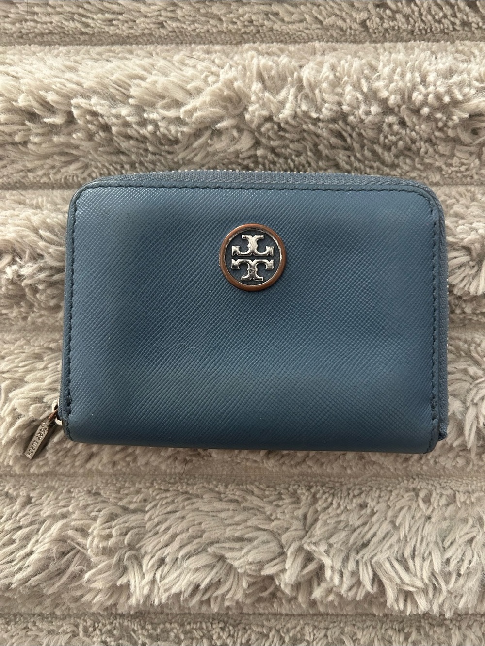 Tory Burch Blue Saffiano Leather Zip Wallet Key Ring Card Case